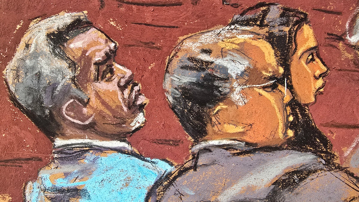 A sketch showing P. Diddy and his lawyers in court.