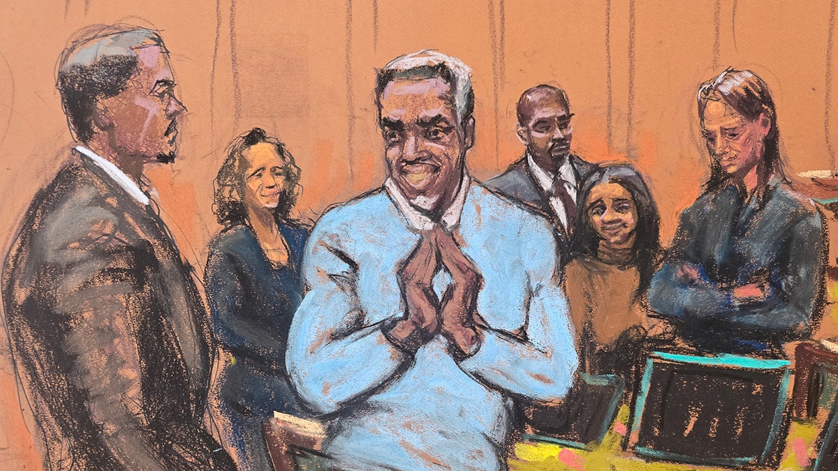 A sketch of P. Diddy making a hand gesture at his trial.