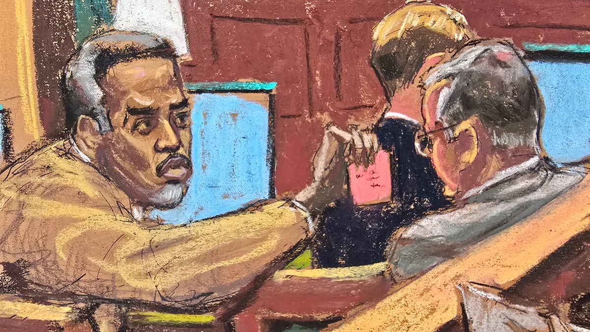 Sketches of P. Diddy and his defense team in court.