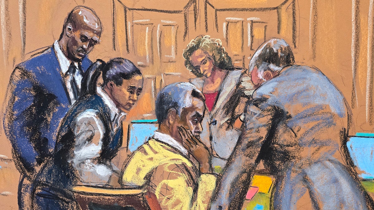Sketches of P. Diddy and his defense team in court.