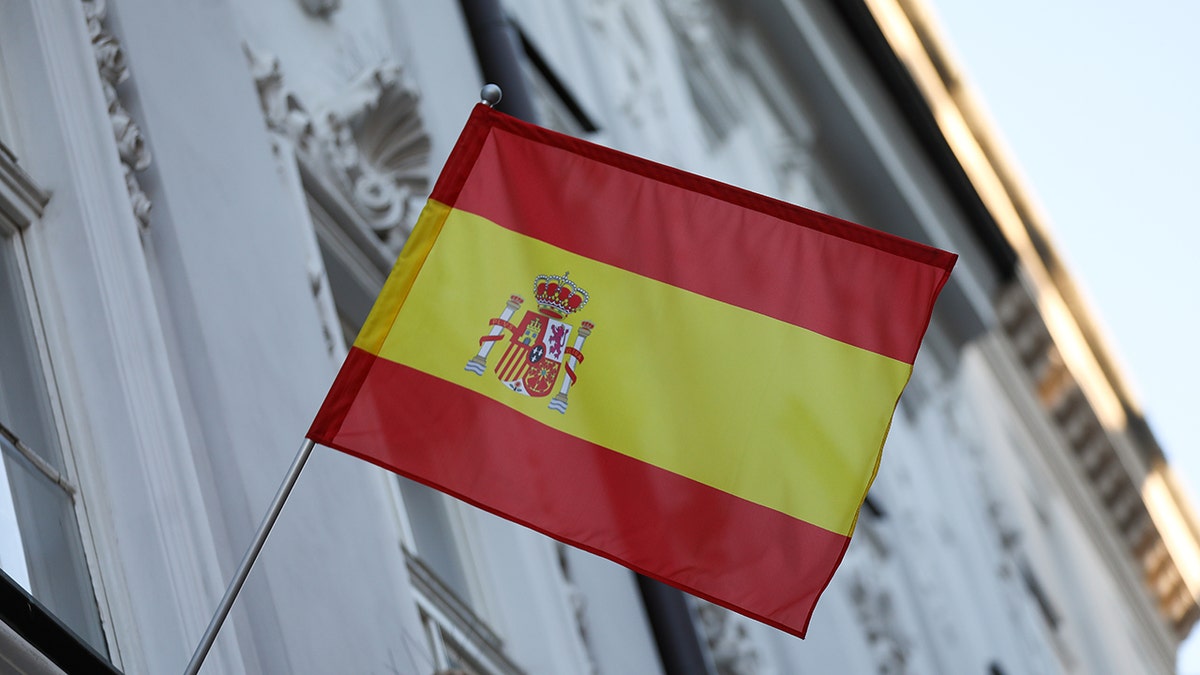 A Spanish flag is seen on the street in Krakow, Poland, on March 6, 2025.