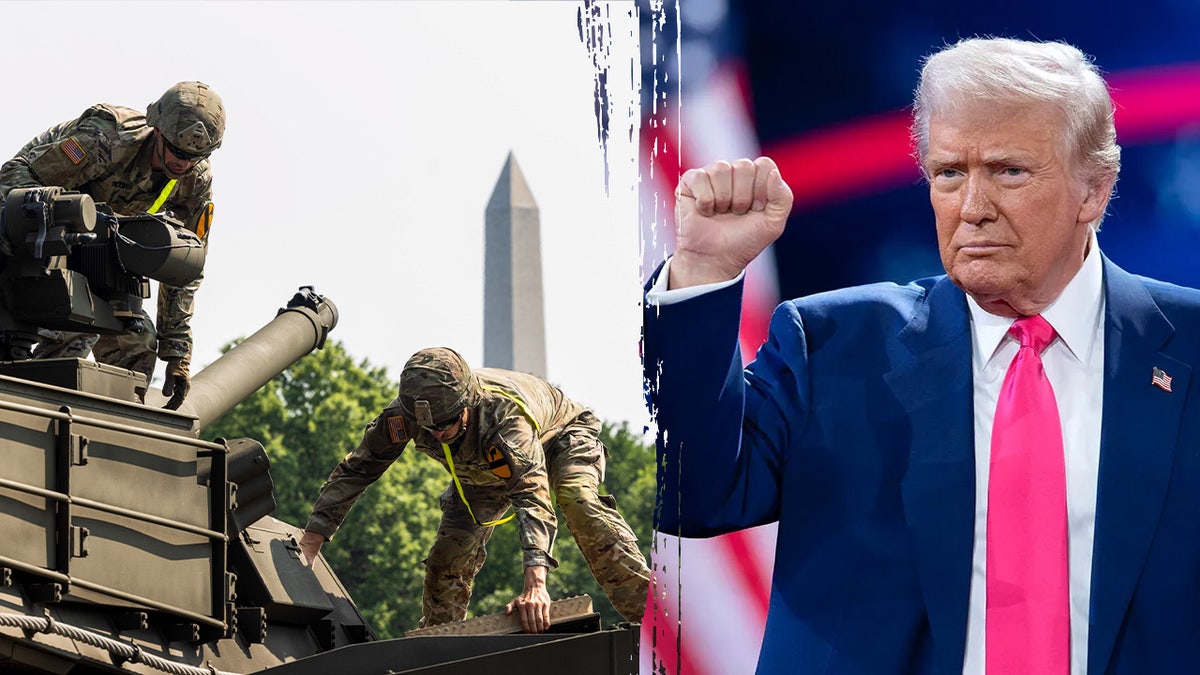 Split image of a tank and Donald Trump