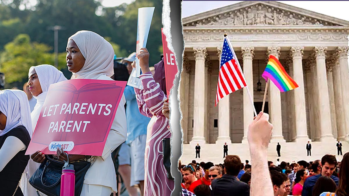 Parents gather in front of the Supreme Court, a person holding the LGBT flag and the US flag