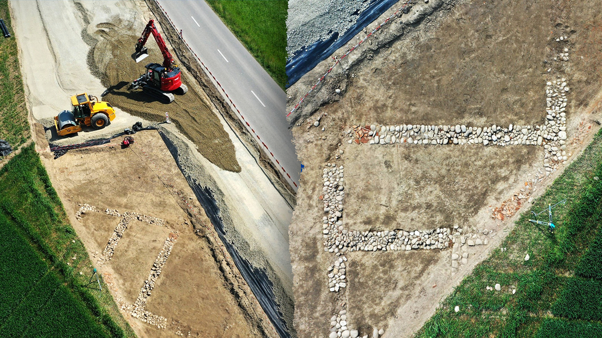 Split image of construction workers near road, outline of Roman building