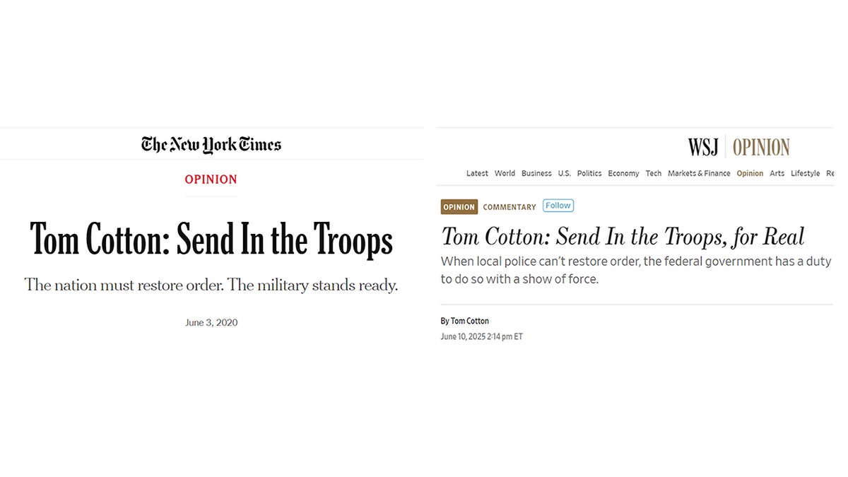 New York Times and Wall Street Journal headlines for Sen. Tom Cotton's op-eds