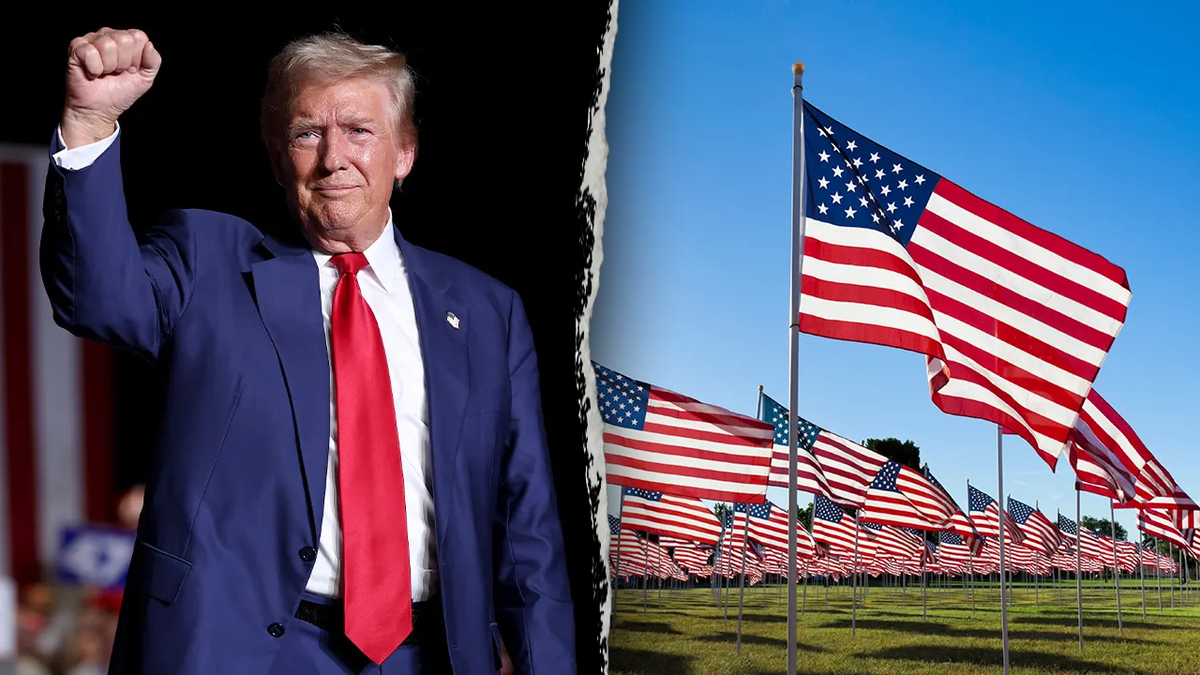 Trump, pumping right arm; US flags in semicircle