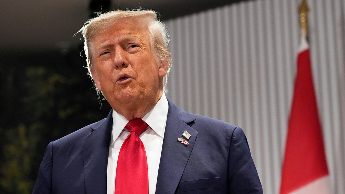 President Donald Trump speaks during a meeting with Canada's Prime Minister Mark Carney on the sidelines of the G7 Summit, Monday, Jun. 16, 2025, in Kananaskis, Canada.?
