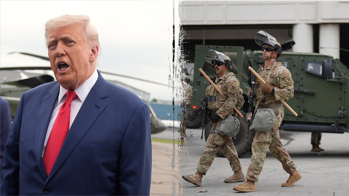 Trump, à esquerda; Guarda Nacional, certo