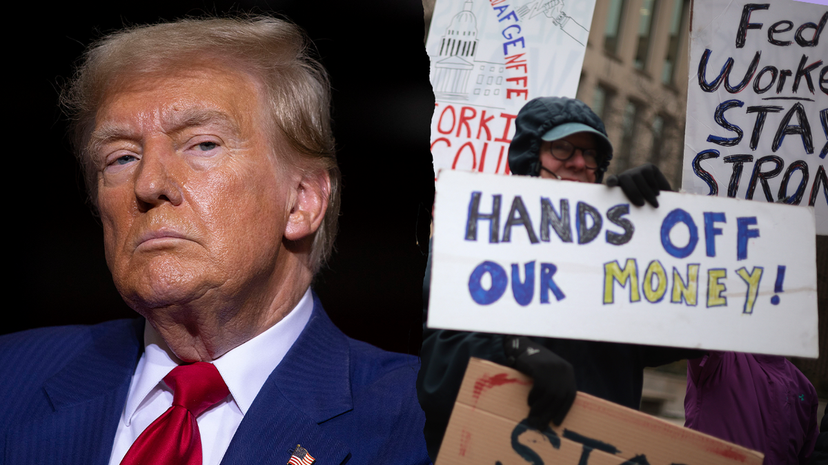 A split image of President Donald Trump and protesters. Photos by Getty Images.