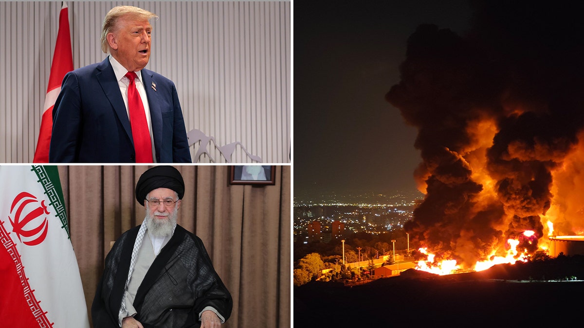 Trump, Khameini in side panels; airstrike fire at right