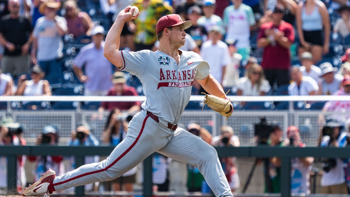 Arkansas Razorbacks starting pitcher Gage Wood (14) pitches against the Murray State Racers during the ninth inning at Charles Schwab Field. 