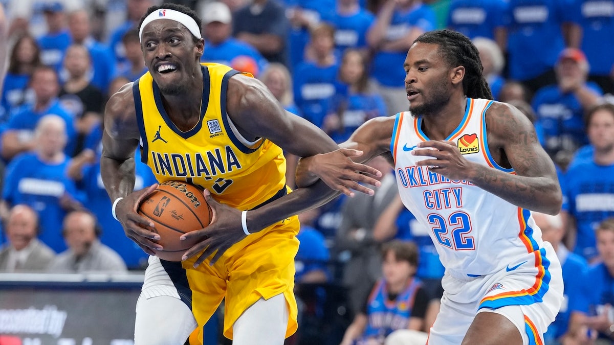 Indiana Pacers forward Pascal Siakam (43) controls the ball against Indiana Pacers forward Isaiah Jackson (22) during the second quarter of game five of the 2025 NBA Finals at Paycom Center.