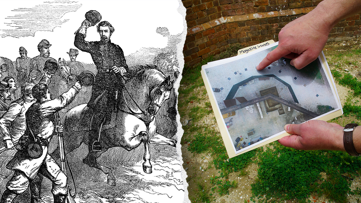 Split image of Battle of Williamsburg, photo at site