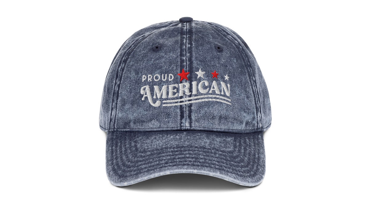 This unique denim hat is the perfect accessory for proud Americans.