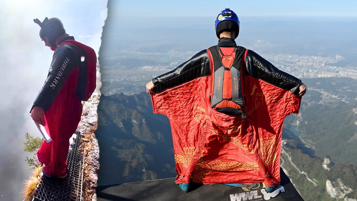 Wingsuit jumper Liam Byrne and another man in a wingsuit.