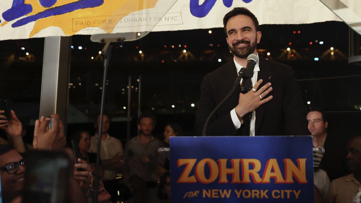 Democratic mayoral candidate Zohran Mamdani takes the stage at his primary election party, Wednesday, June 25, 2025, in New York. (AP Photo/Heather Khalifa)