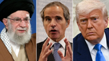 Image depicts IAEA Director General Rafael Grossi, President Donald Trump and Iranian Leader Ali Khamanei
