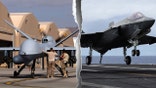 Right, MQ-9 reaper drone, left, F-35
