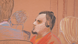 Court sketch of Kilmar Abrego Garcia in final moments of first day in trial.