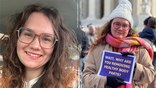 Prisha Mosley selfie and holding sign outside Supreme Court