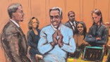 A sketch of P. Diddy making a hand gesture at his trial.