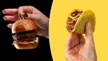 A hand holds a slider in front of a black background. A hand holds a taco in front of a yellow background.