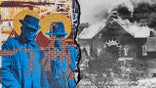 Tulsa mural next to historical image of burning church