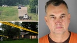 law enforcement searching split with crime scene and Vance Boelter mugshot