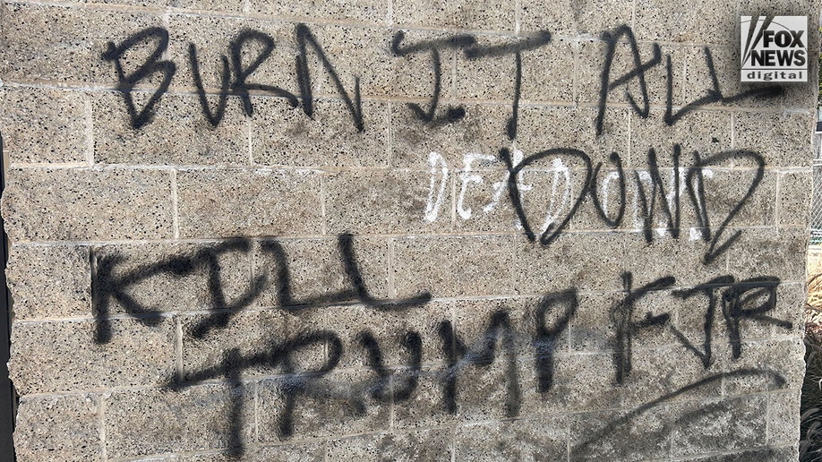 A wall in downtown Los Angeles vandalized with ‘Kill Trump’