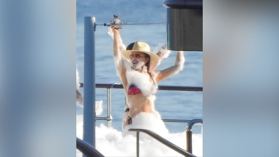 Lauren Sanchez was photographed smiling while on Jeff Bezos' boat off the coast of Croatia.