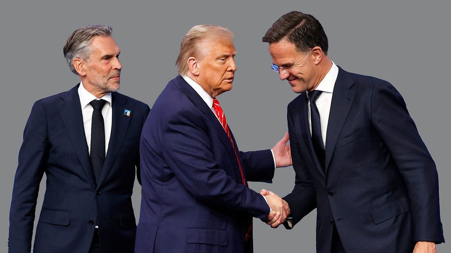 President Donald Trump is greeted by NATO Secretary General Mark Rutte (right) and Netherland Prime Minister Dick Schoof (left) at the official welcoming ceremony for the 2025 NATO Summit at The Hague on June 25, 2025.