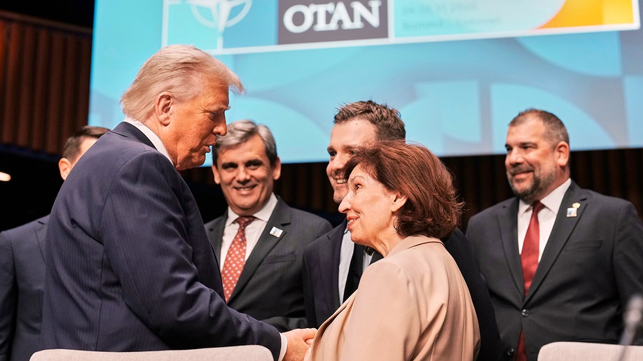President Donald Trump greets North Macedonia's President Gordana Siljanovska-Davkova.