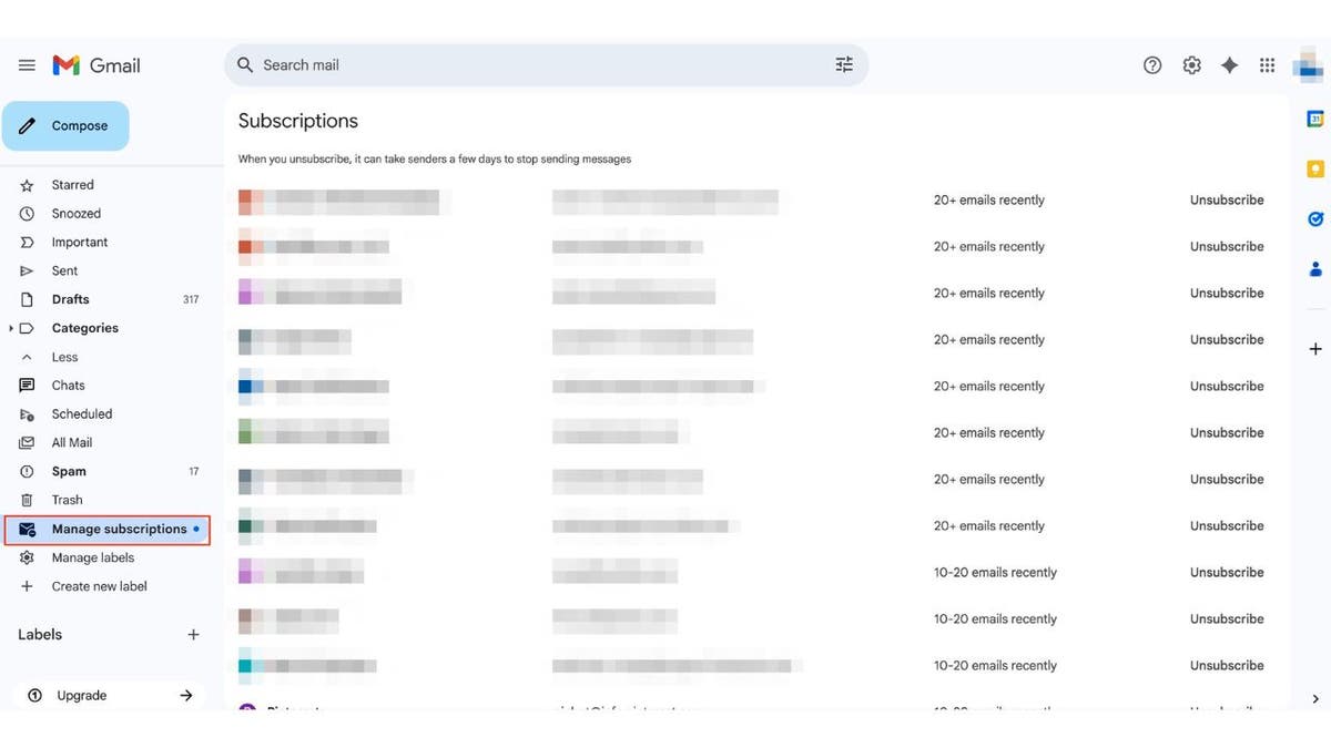 Gmail’s "Manage Subscriptions" page on desktop.