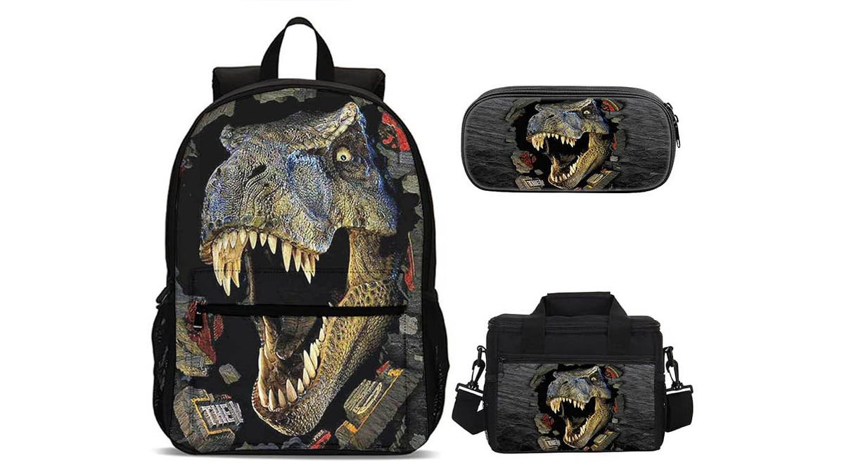 Get a backpack, lunch box and pencil case, all dinosaur themed.