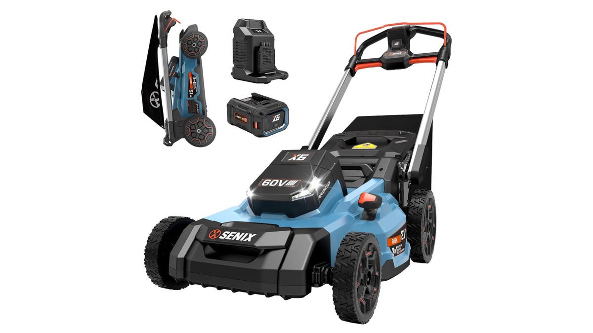 This quiet lawn mower folds up for easy storage.