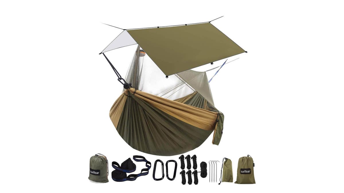 Sleep off the ground in this camping hammock. 