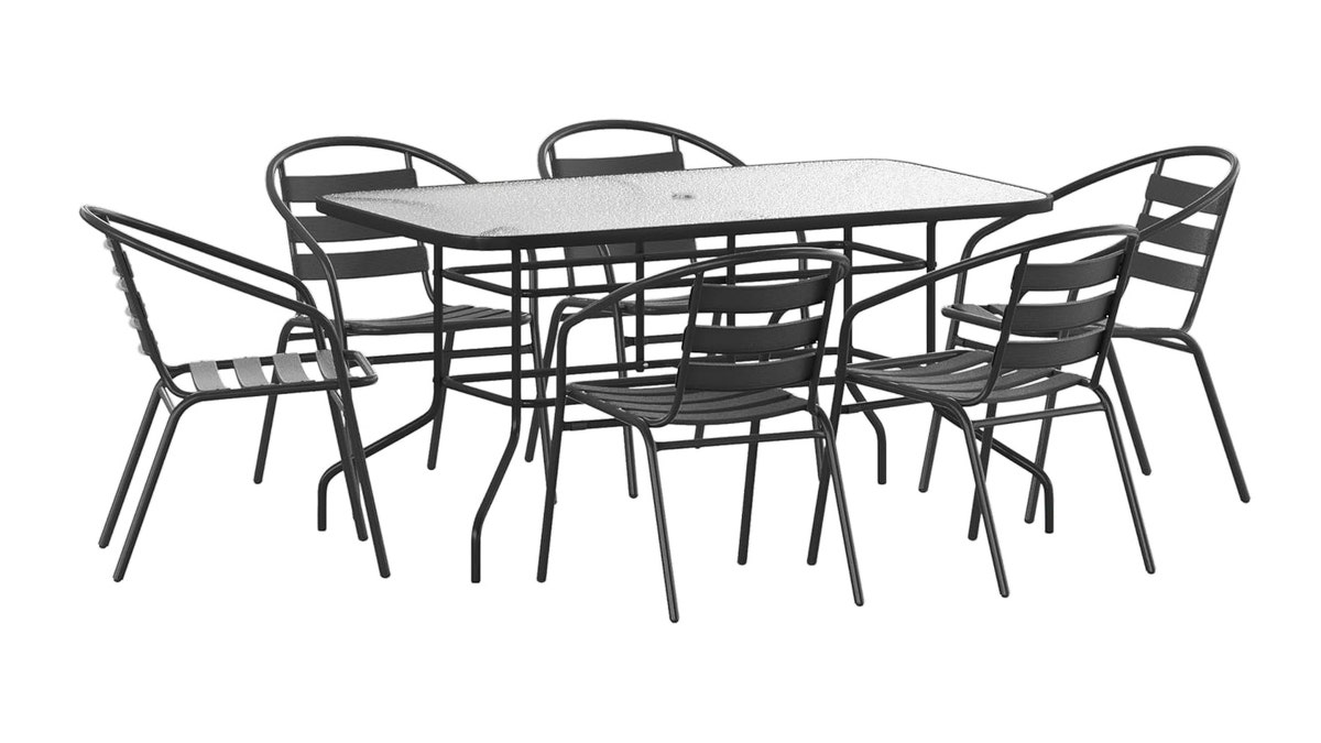Go simple with this metal and rippled glass table and chair set. 