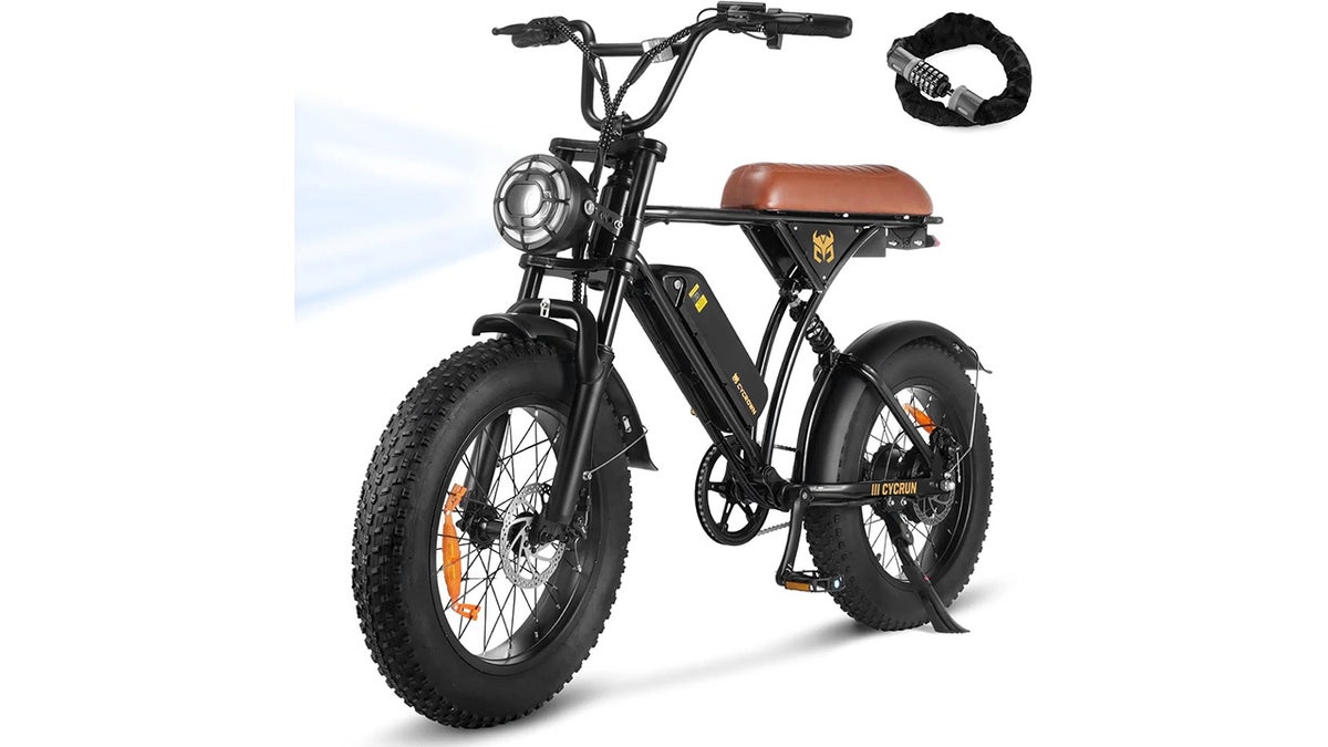 This moped-style e-bike comes equipped with large wheels, a padded seat and a throttle-only option.