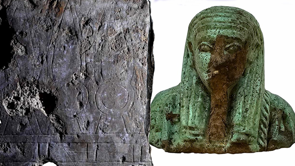 Split image of stone slab, ancient statue
