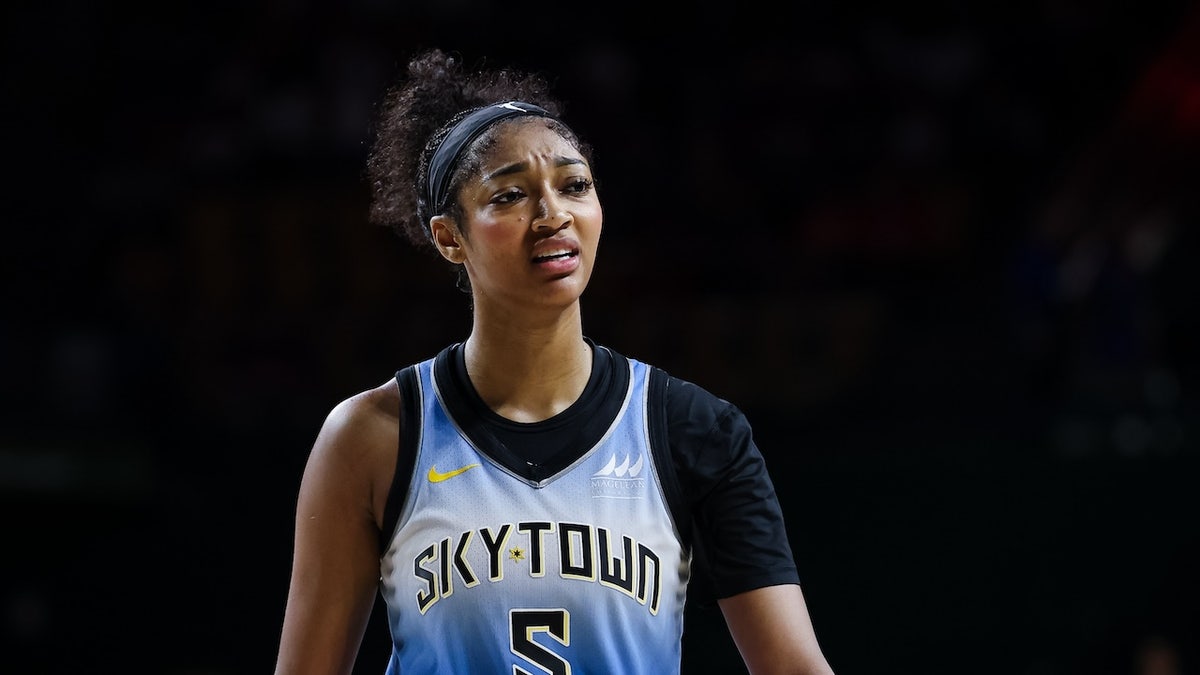 Angel Reese of the Chicago Sky reacts during the second half of the game against the Washington Mystics at EagleBank Arena on July 8, 2025 in Fairfax, Virginia.
