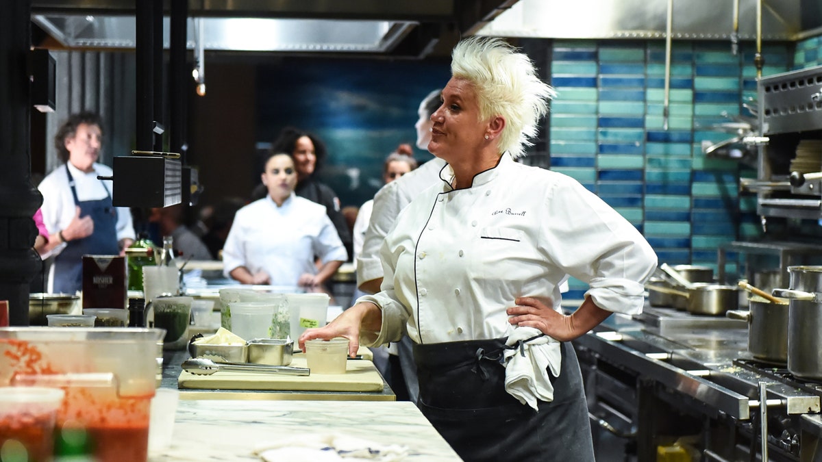 Anne Burrell cooks in a kitchen