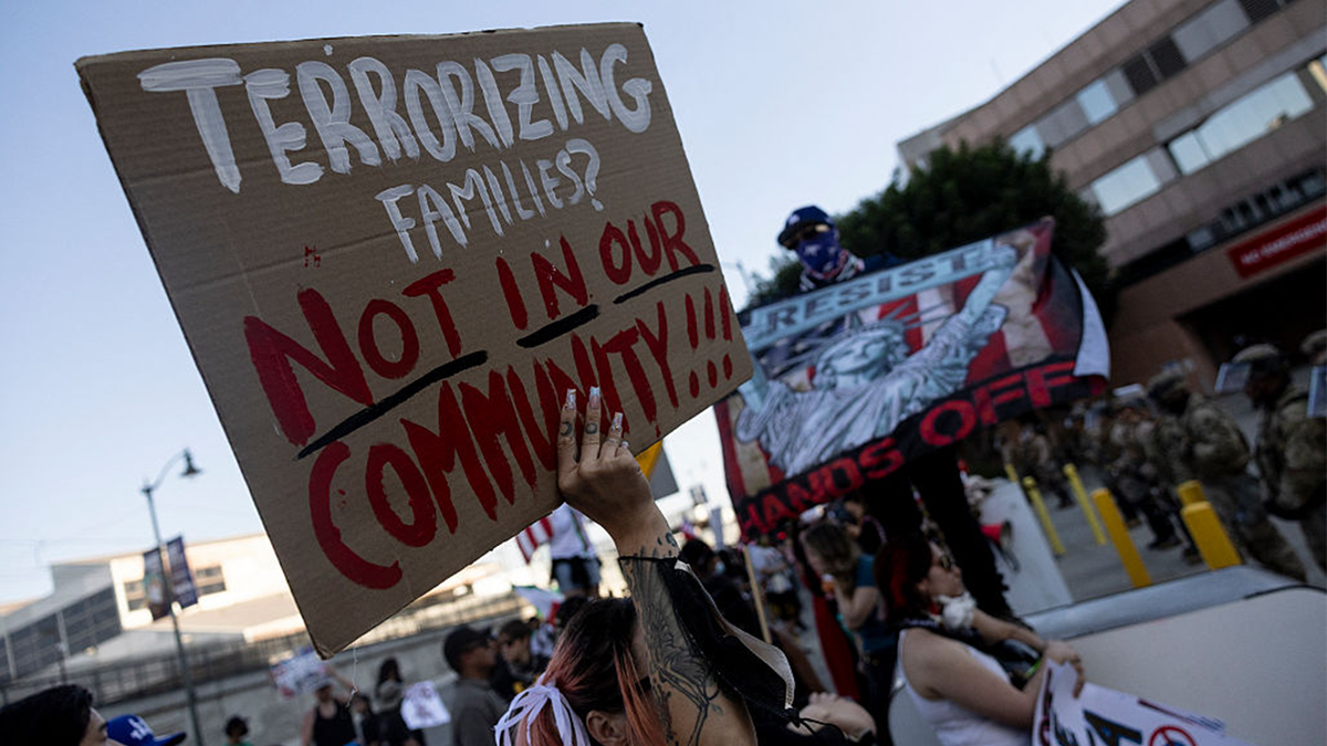 Demonstrators face a mix of U.S. Marines, National Guard troops and Department of Homeland Security police officers