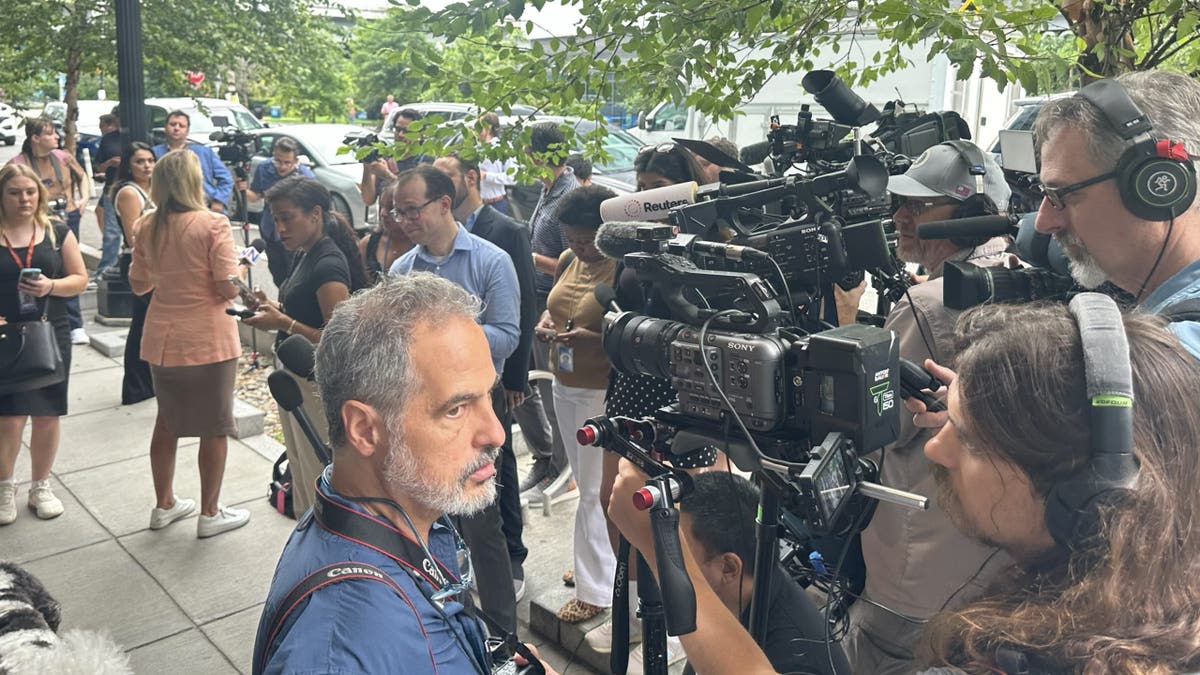 Members of the media stakeout a breakfast hosted by Rep. Alexandria Ocasio-Cortez (D-NY) and New York City Democratic Party mayoral nominee Zohran Mamdani, on July 16, 2025 in Washington D.C.