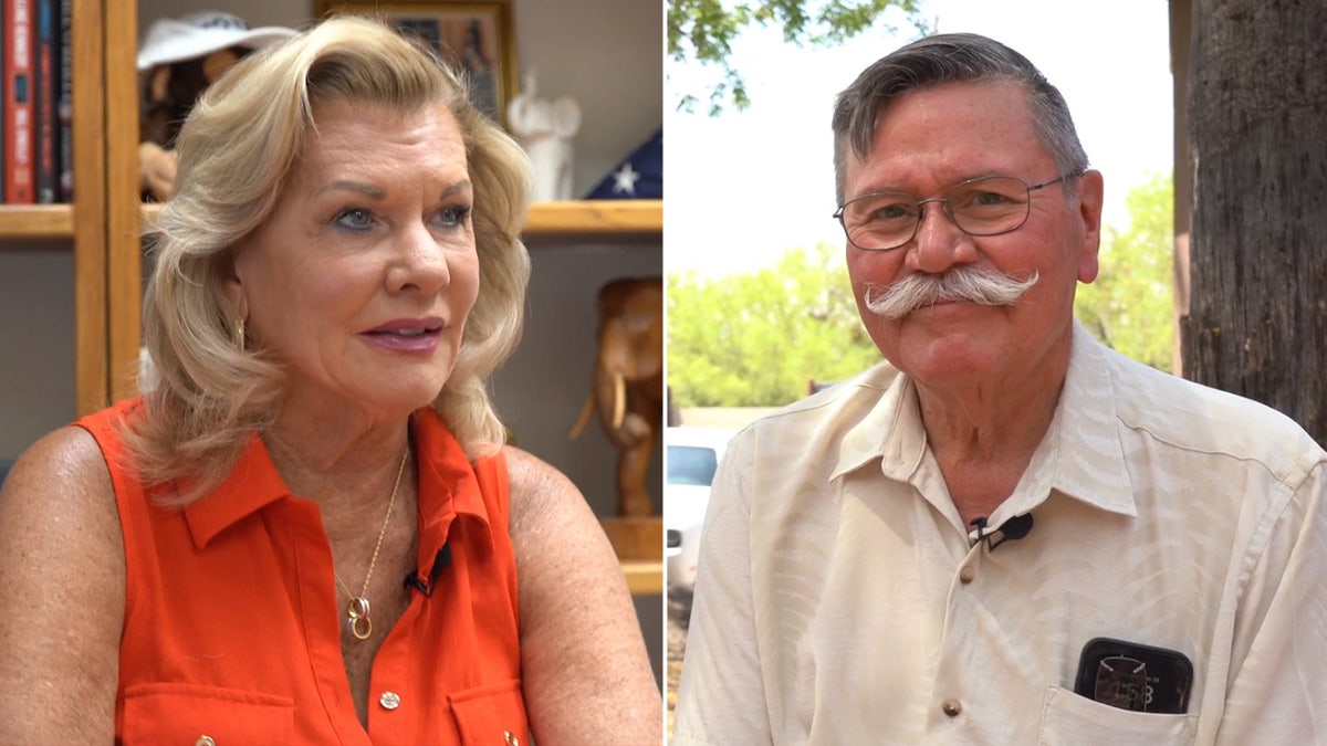 two split thumbnail of a woman local politician in red on the left, and man local politician on the right