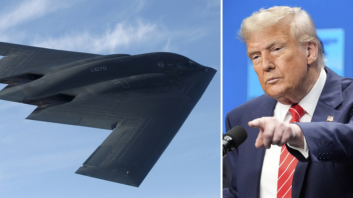 B-2 bomber plane and President Donald Trump