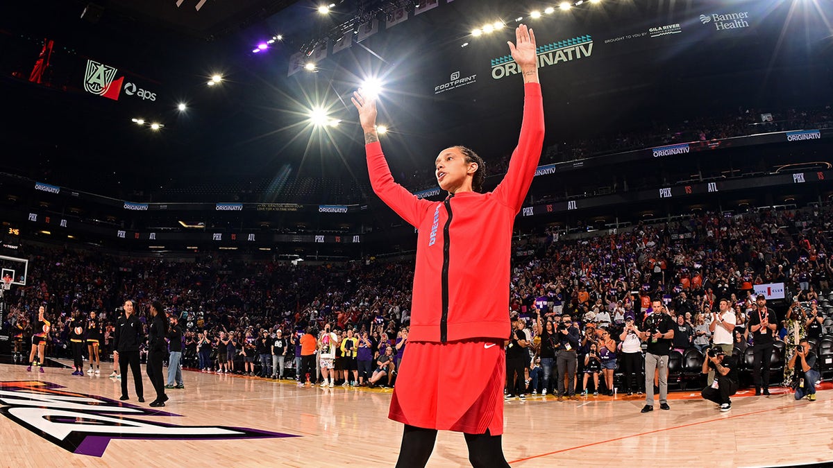 Brittney Griner waves to the fans of the Mercury