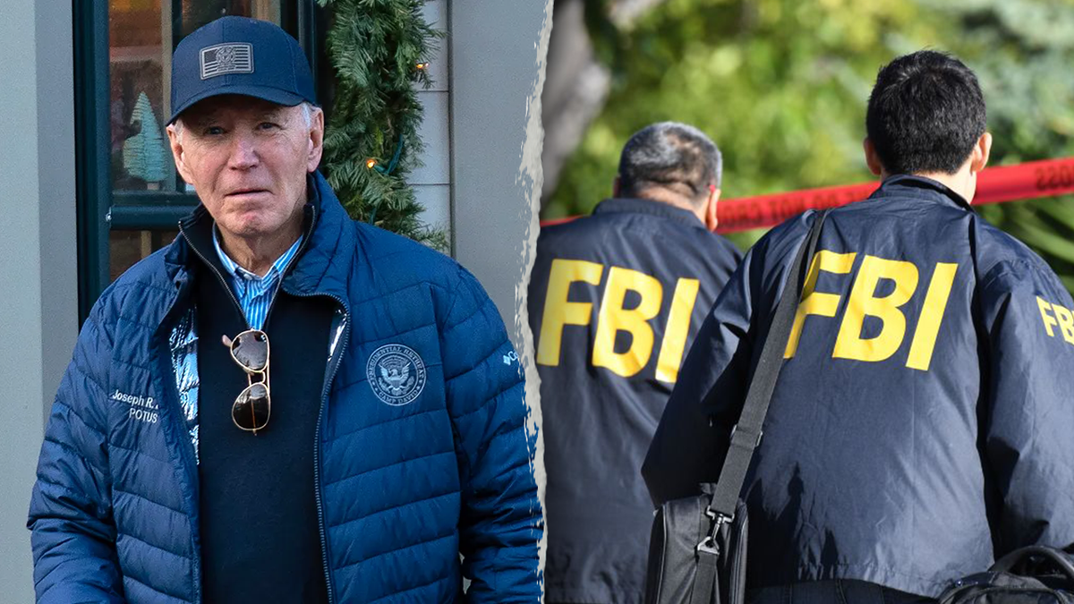 Biden in puffy jacket, cap at left; FBI agents at right