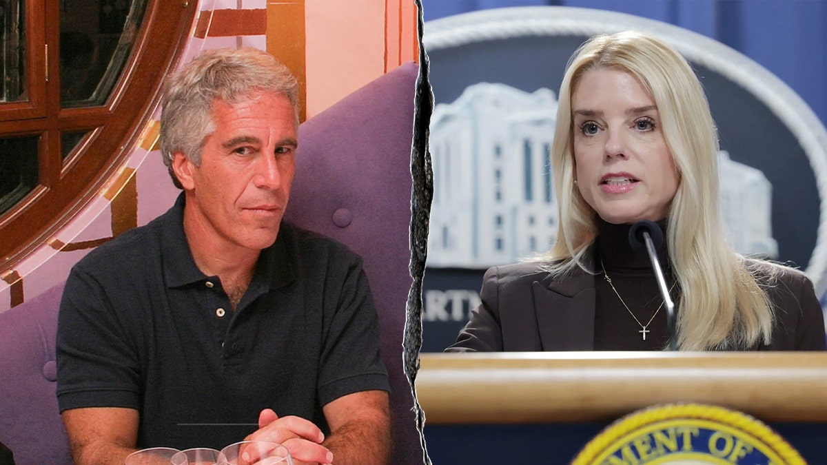 Jeffrey Epstein sits on purple couch (left) and AG Pam Bondi speaks from a podium (right)