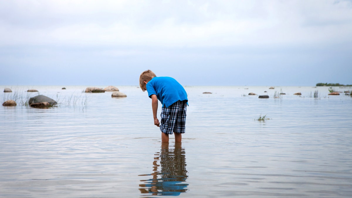 Boy wading in lake
