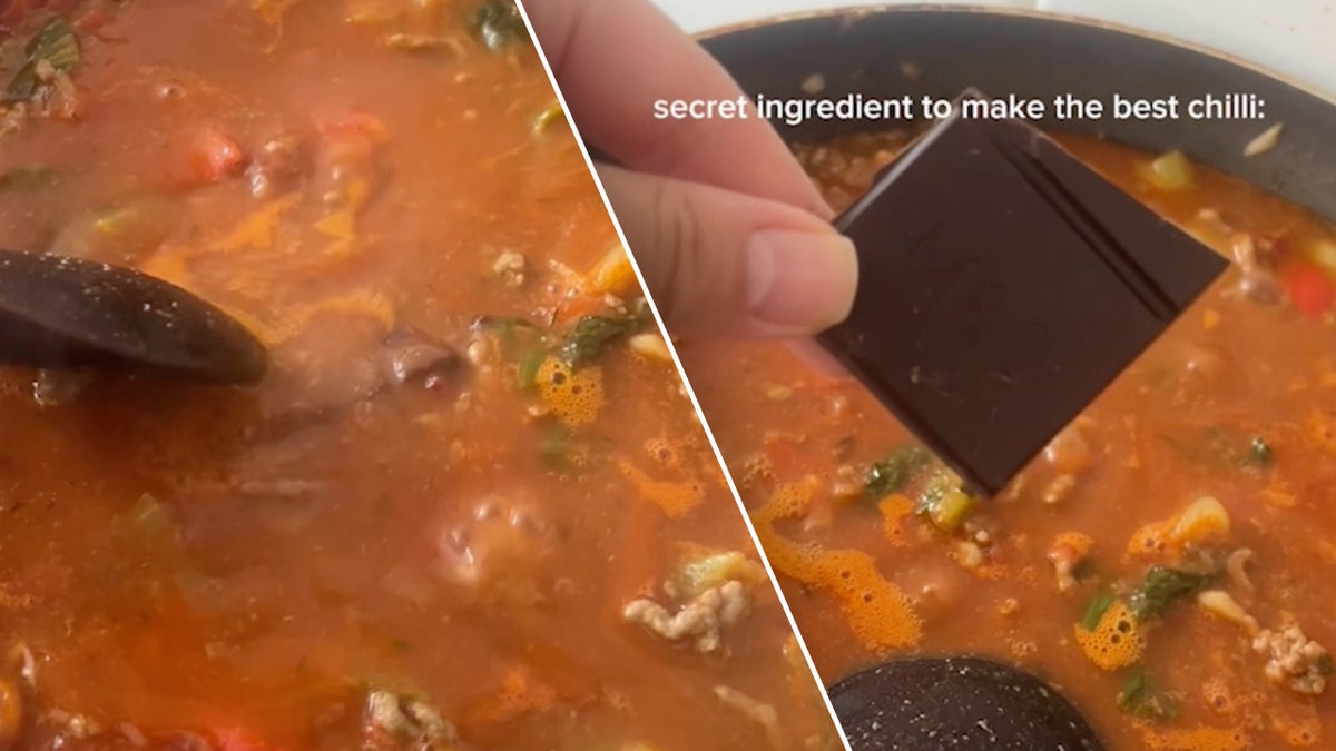 Dark chocolate mixed into a chili pot split from a TikTok video.